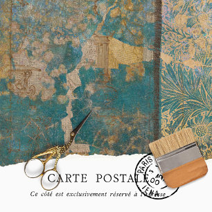 Papier Mousseline Texture vintage Rustique Bleu Floral Torn Découpag