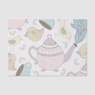 Papier Mousseline Théière Oiseau Jaune Vintage Tasse Bleu Pastel Thé