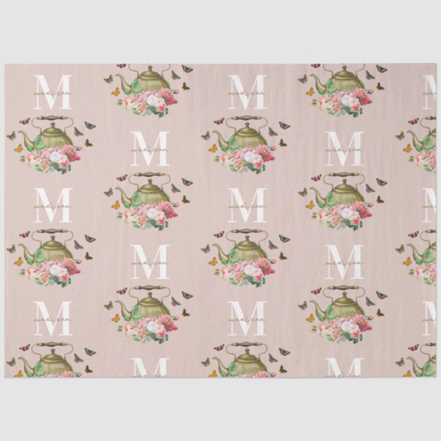 Papier Mousseline Théière Party Rose Floral & Papillons Monogramme (Recto)