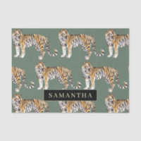 Tigres d'aquarelle verte tropicale Motif avec nom