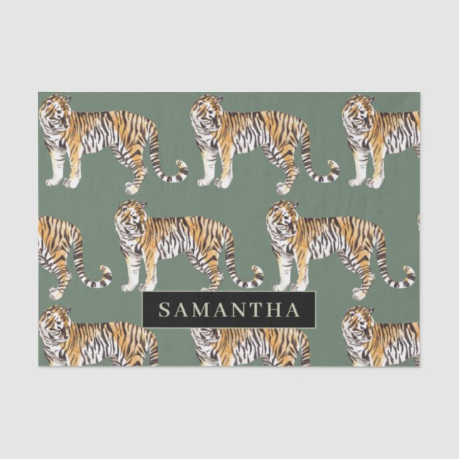 Papier Mousseline Tigres d'aquarelle verte tropicale Motif avec nom (Recto)