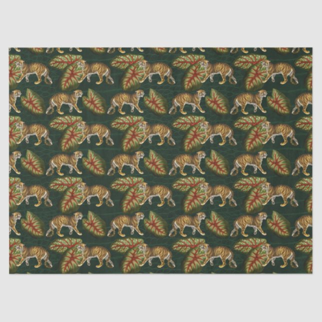Papier Mousseline Tigres et Feuilles sur la Découpage Verte (Recto)