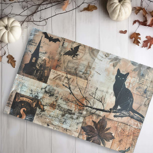 Papier Mousseline Timbres Chat Noir Vintage Halloween Découpage