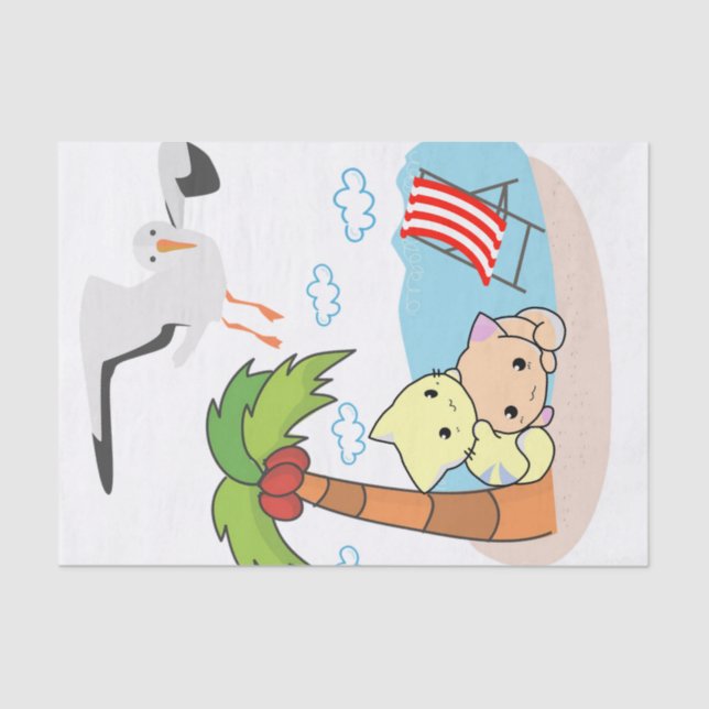 Papier Mousseline Tissu Papier Seagull chat Chien Palm Tree Beach (Recto)