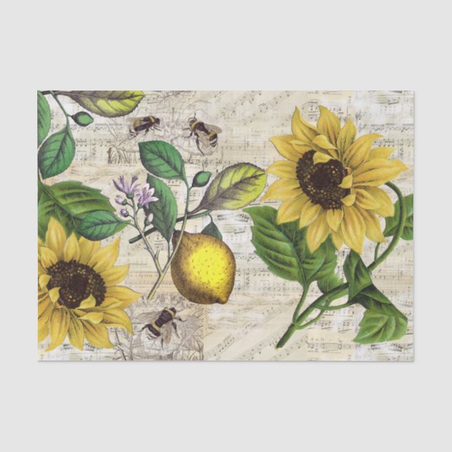 Papier Mousseline Tissu vintage citron tournesol (Recto)