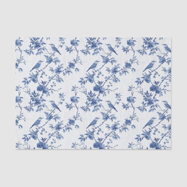 Papier Mousseline Toile Bleue motifs floraux avec oiseaux (Recto)