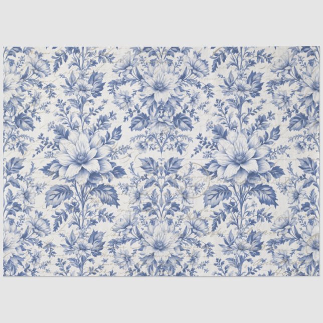 Papier Mousseline Toile de Jouy Floral Bleu Blanc Ephémère Découpage (Recto)