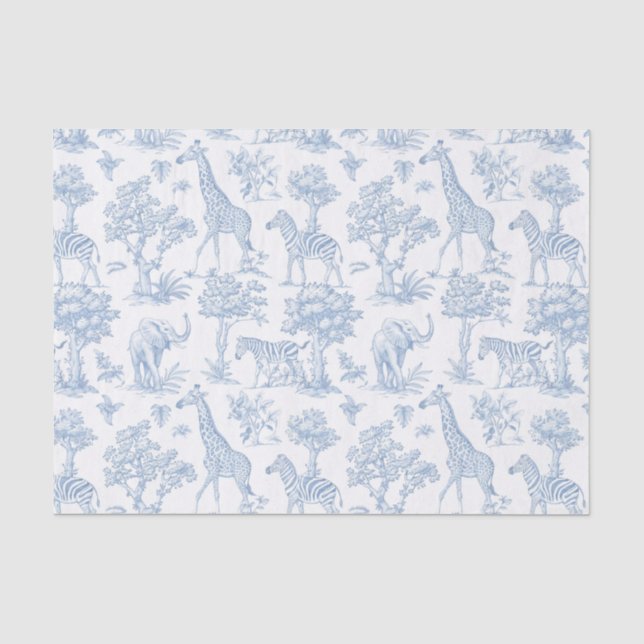 Papier Mousseline Toile de Jouy Safari animaux bleu poussiéreux élég (Recto)