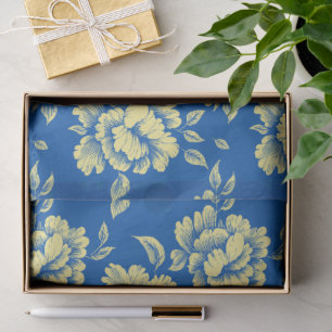Papier Mousseline Toile de pivoine bleu et jaune - Décor champêtre f