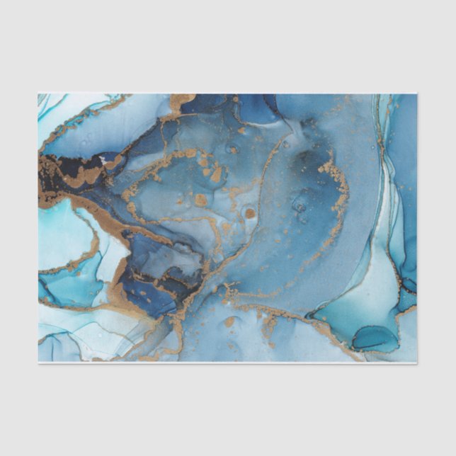 Papier Mousseline Tons de bleu, or Abstrait Aquarelle marbre (Recto)