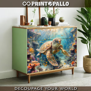 Papier Mousseline Tortue caouanne plongeant dans le récif -