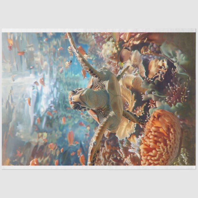 Papier Mousseline Tortue de mer avec Découpage bleu Turquoise (Recto)