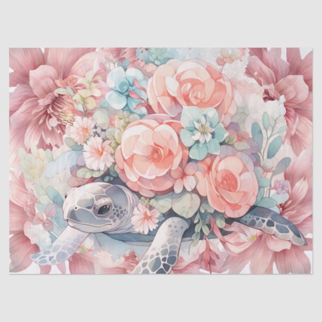 Papier Mousseline Tortue de mer florale et fleurs roses (Recto)