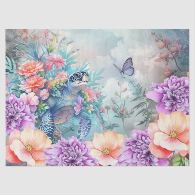 Papier Mousseline Tortue de mer tropicale et fleurs d'aquarelle (Recto)