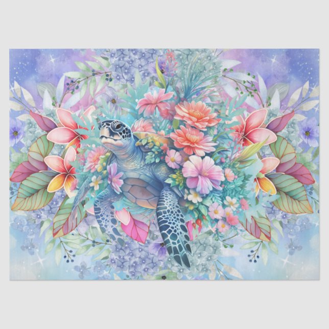 Papier Mousseline Tortue de mer tropicale et fleurs d'aquarelle (Recto)