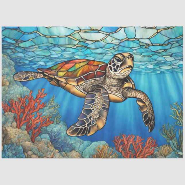 Papier Mousseline Tortue de verre Nage de la tortue de mer, Corail (Recto)