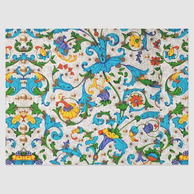 PAPIER MOUSSELINE TOURBILLONS FLEURIS BLEUS DE LA RENAISSANCE FLOREN (Recto)