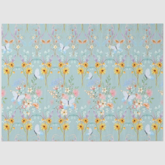 Papier Mousseline Tournesol Floral Bleu Jaune Découpage Papillon (Recto)