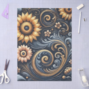 Papier Mousseline Tournesols et torrents Découpage bleu or Marine