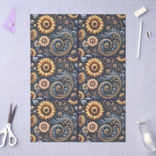 Papier Mousseline Tournesols et torrents Découpage bleu or Marine