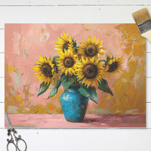 Papier Mousseline Tournesols impressionnistes dans un vase bleu déco