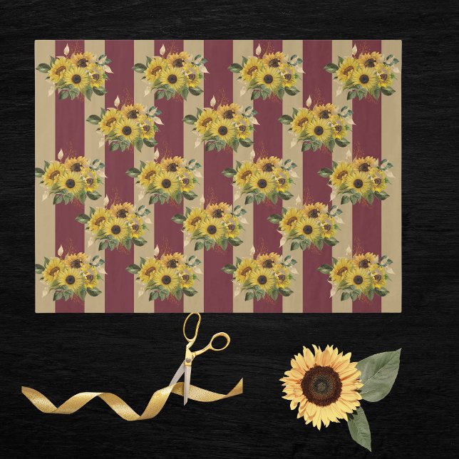 Papier Mousseline Tournesols jaunes et rayures bordeaux et dorées (Créateur téléchargé)