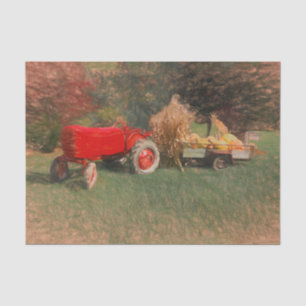 Papier Mousseline Tracteur agricole rouge campagne d'automne citroui
