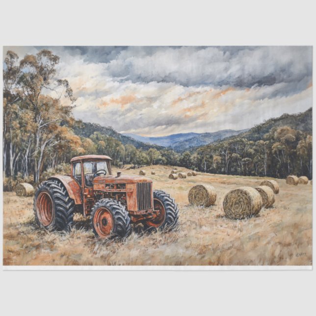 Papier Mousseline Tracteur dans un champ de foin Découpage rustique (Recto)
