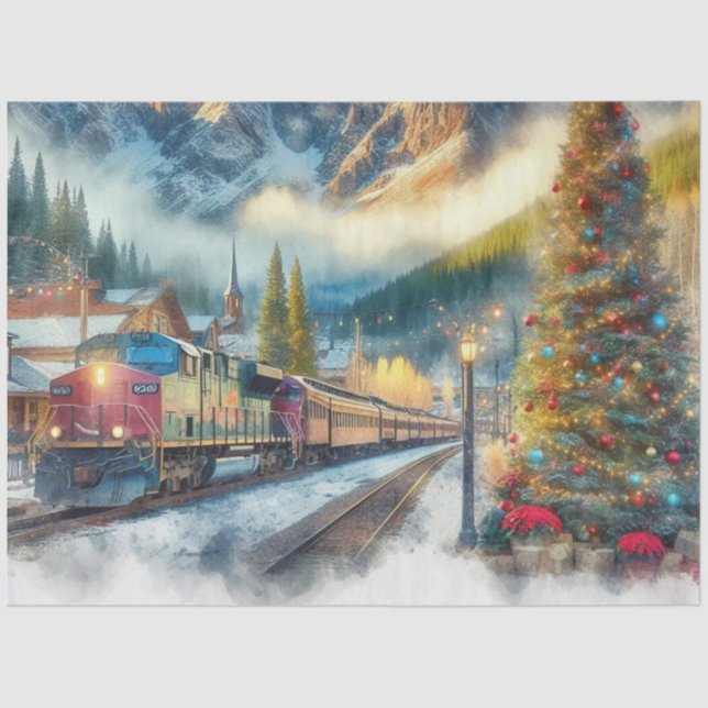 Papier Mousseline Train aquarelle et papier de tissus d'arbre de Noë (Recto)