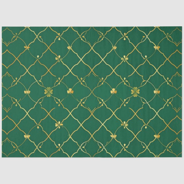 Papier Mousseline Trèfles Dorés Ciel Émeraude (Recto)