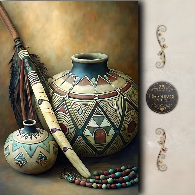 Papier Mousseline Tribal Pottery & Feather Staff Decoupage (Tribal Pottery & Feather Staff Decoupage Tissue Paper)