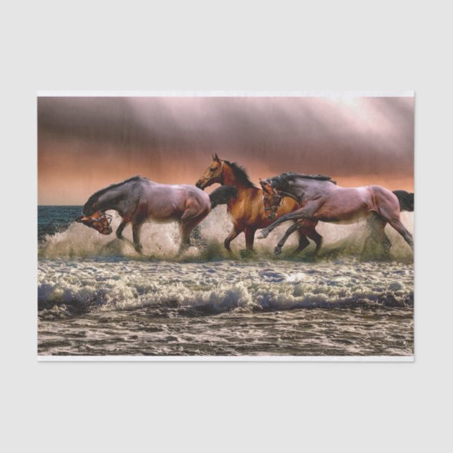 Papier Mousseline Trio de chevaux en Surf au coucher du soleil (Recto)