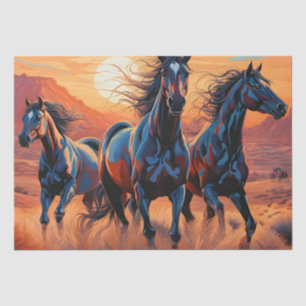 Papier Mousseline Trio de chevaux sauvages dans le désert à Sunset
