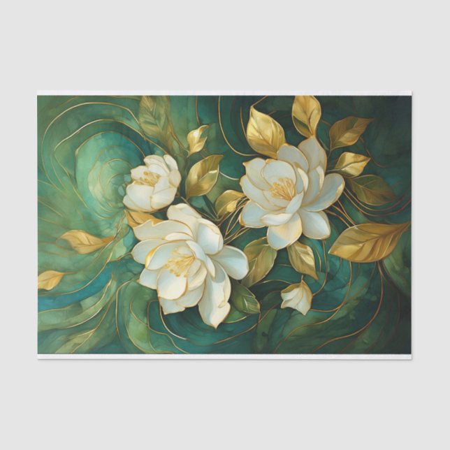 Papier Mousseline Trio Gardenia Blanc Doré, Fleurs Formelles (Recto)