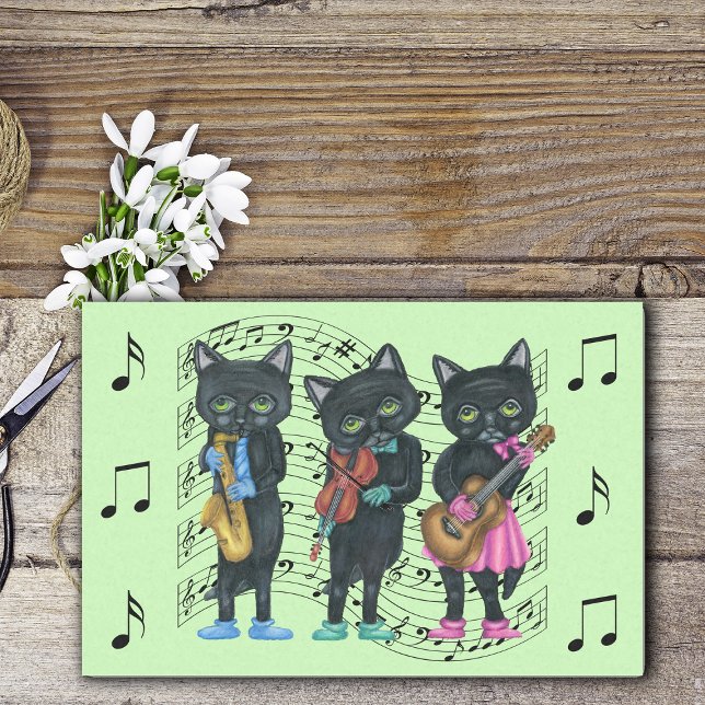 Papier Mousseline Trois musiciens noirs Chats Notes musicales Vert (Musician black cats bars of black music notes playing music on green tissue paper.)
