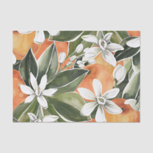 Papier Mousseline Tropcal Orange & Flowers Watercolor Pattern