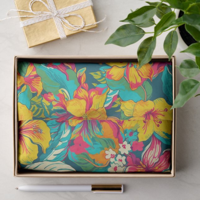 Papier Mousseline Tropical Flowers and Leaves Pattern (Cadeau)
