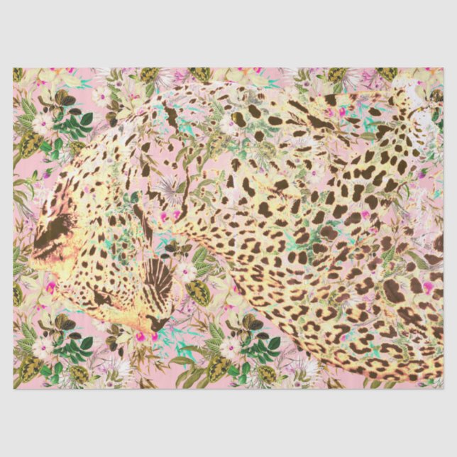 Papier Mousseline Tropical leopard print floral Hawaiian pink yellow (Recto)