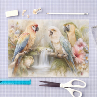 Papier Mousseline Tropical Parrots Waterfall Decoupage