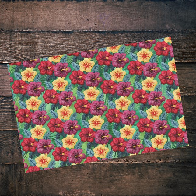 Papier Mousseline Tropical Rouge et Or sur l'Hibiscus Feuille vert (Créateur téléchargé)
