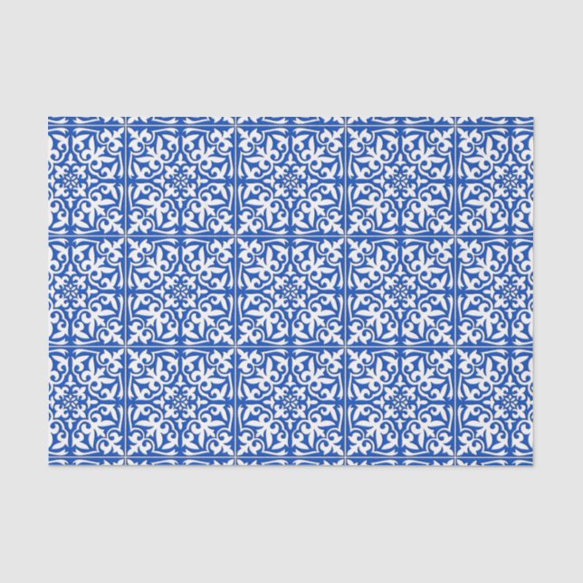 Papier Mousseline Tuile marocaine - bleu et blanc de cobalt (Recto)