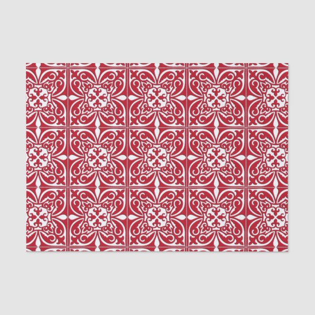 Papier Mousseline Tuiles marocaines - rouge foncé et blanc (Recto)
