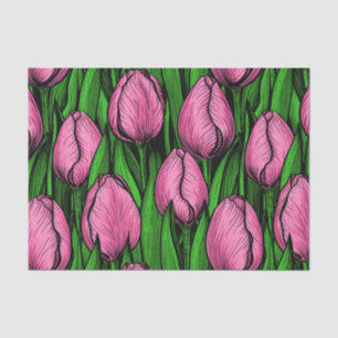 Papier Mousseline Tulières roses avec feuilles verts