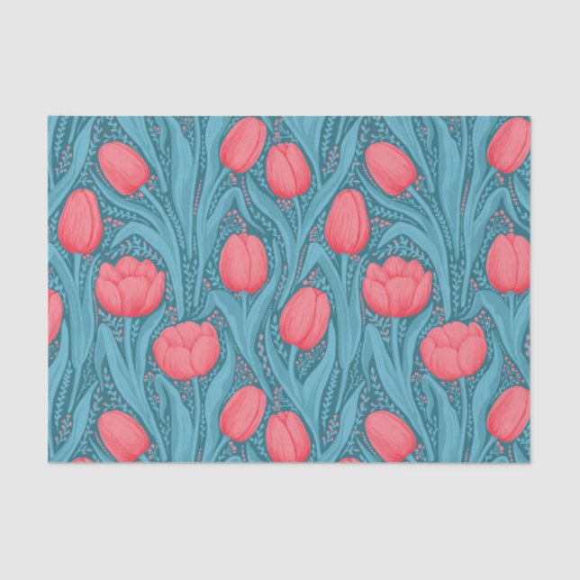 Papier Mousseline Tulipes en bleu et rouge (Recto)