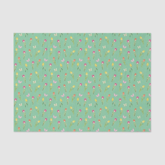 Papier Mousseline Tulipes et papillons Motif vert (Recto)