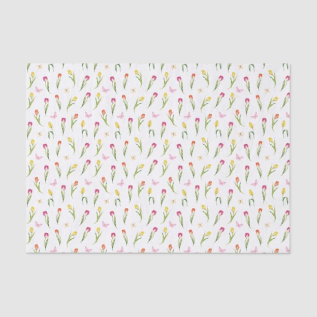 Papier Mousseline Tulipes & Papillons Motif Blanc  (Recto)