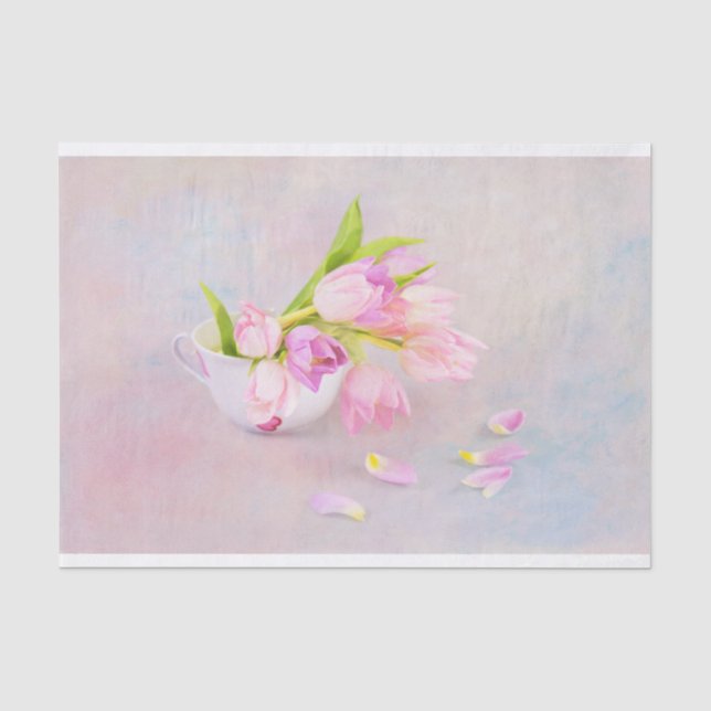 Papier Mousseline Tulipes Roses Et Violettes Avec Tasse De Thé Vinta (Recto)