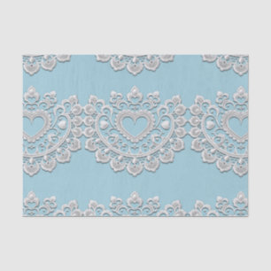 Papier Mousseline Turquoise Bleu Blanc dentelle Coeur Mariage