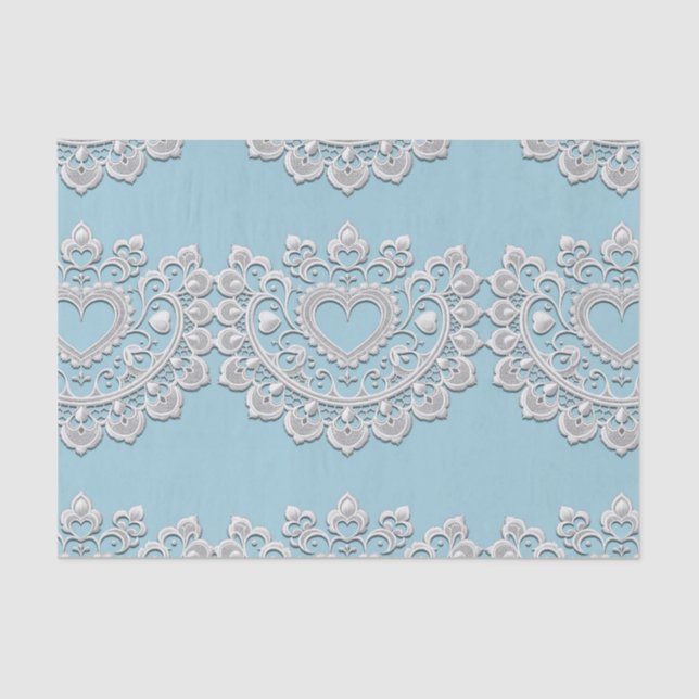 Papier Mousseline Turquoise Bleu Blanc dentelle Coeur Mariage (Recto)
