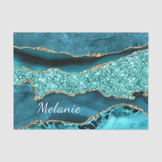 Papier Mousseline Turquoise Blue Gold Aqua Nom personnalisé Papier T (Recto)